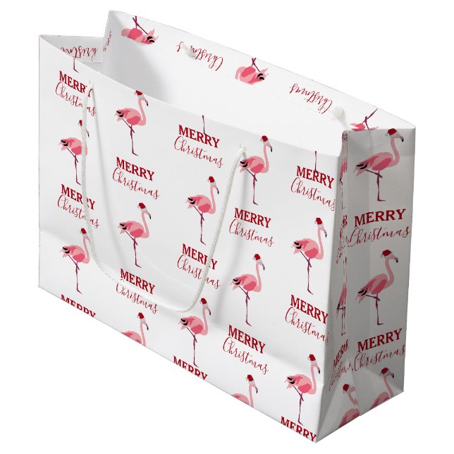 Christmas Pink Flamingo Bird with Santa Hat  Large Gift Bag (Front Angled)