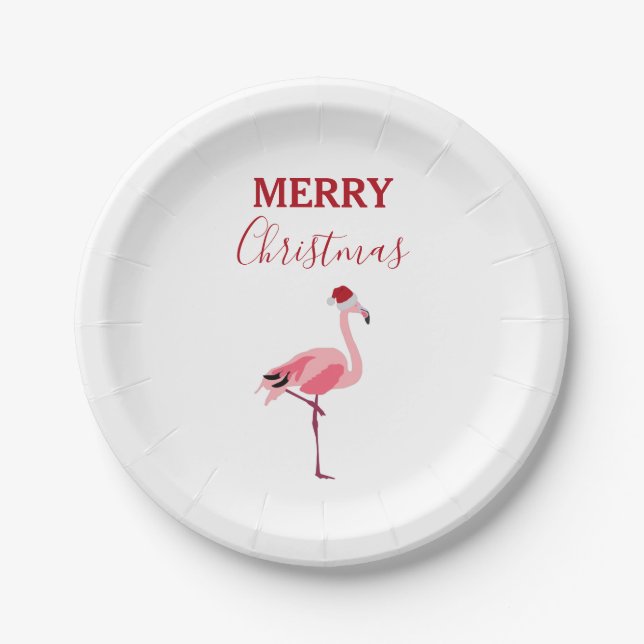 Christmas Pink Flamingo Bird with Santa Hat Paper Plates (Front)