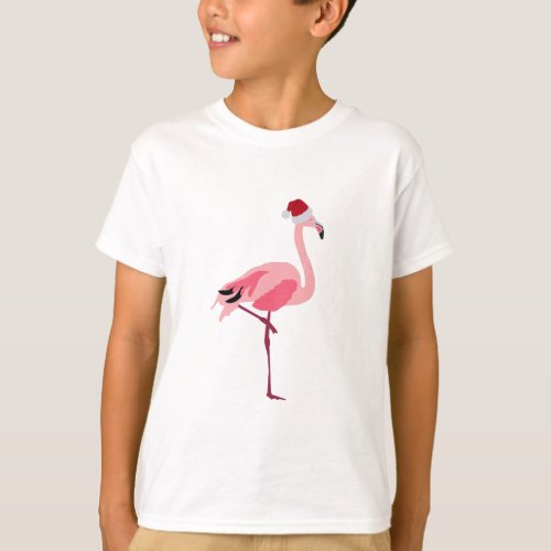 Christmas Pink Flamingo Bird with Santa Hat T_Shirt