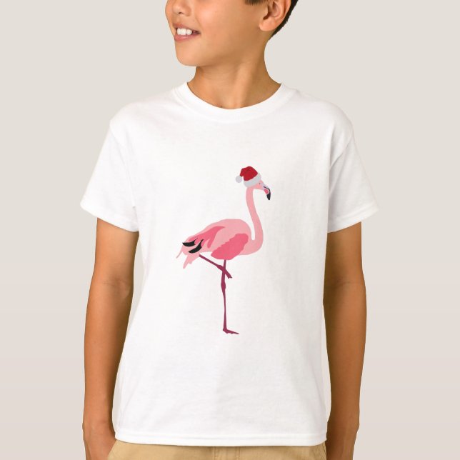 Christmas Pink Flamingo Bird with Santa Hat T-Shirt (Front)