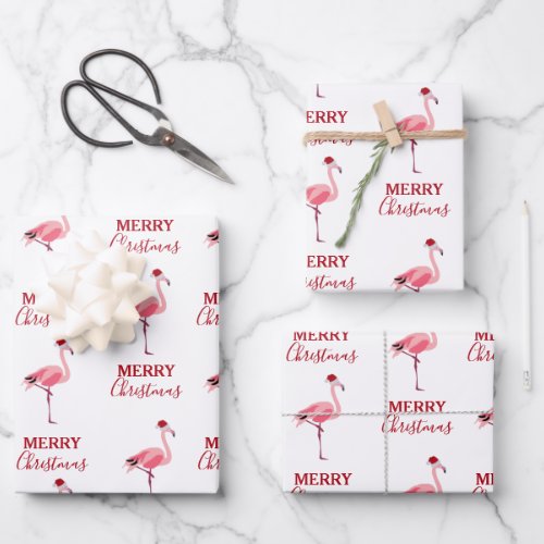 Christmas Pink Flamingo Bird with Santa Hat Wrapping Paper Sheets