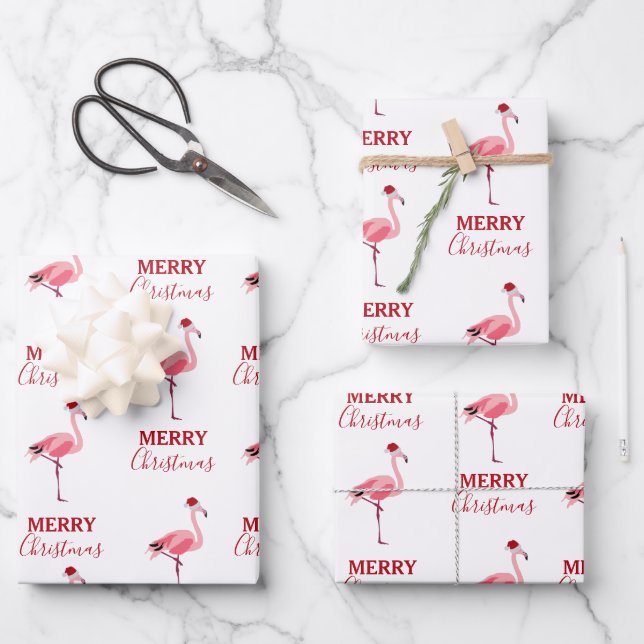 Christmas Pink Flamingo Bird with Santa Hat Wrapping Paper Sheets (Front)
