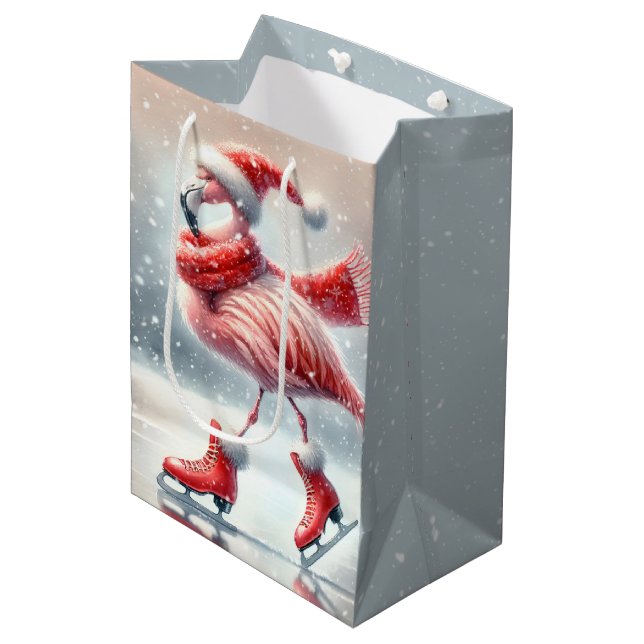 Christmas Pink Flamingo Ice Skating Medium Gift Bag (Front Angled)