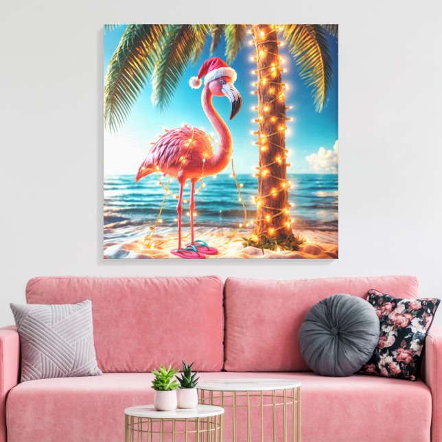 Christmas Pink Flamingo In Tangled Lights Canvas Print (Insitu(LivingRoom))