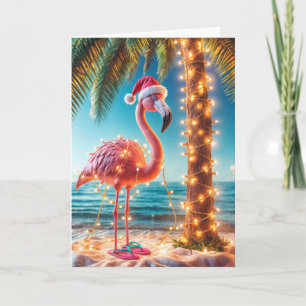 Christmas Pink Flamingo In Tangled Lights Card