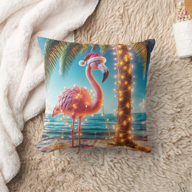 Christmas Pink Flamingo In Tangled Lights Throw Pillow (Blanket)