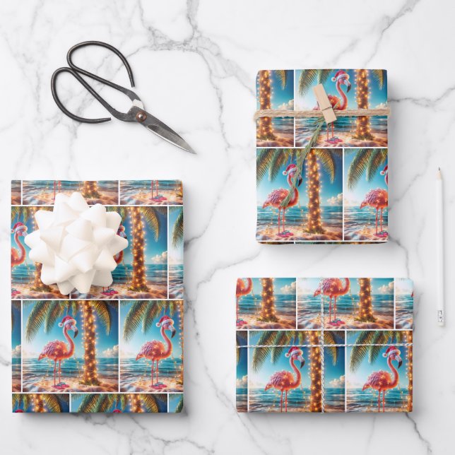 Christmas Pink Flamingo In Tangled Lights Wrapping Paper Sheets (Front)