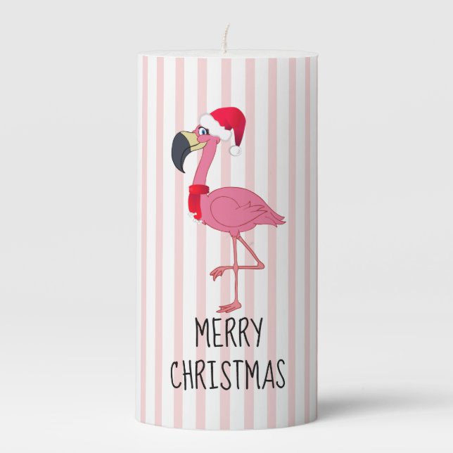 Christmas Pink Flamingo n’ Stripes Pillar Candle (Front)