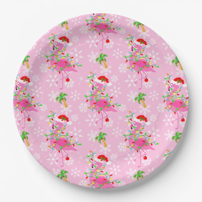 Christmas Pink Flamingo Pattern Paper Plates (Front)