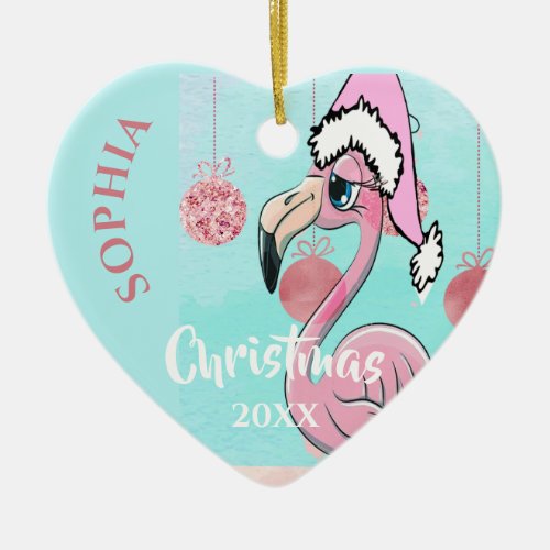 Christmas Pink Flamingo Santa Photo Blue Cute Ceramic Ornament