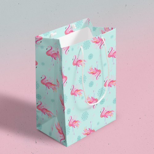 Christmas Pink Flamingo Snowflake Medium Gift Bag