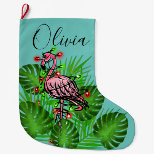 Christmas Pink Flamingo twinkle lights Large Christmas Stocking