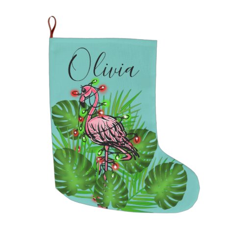 Christmas Pink Flamingo twinkle lights Large Christmas Stocking