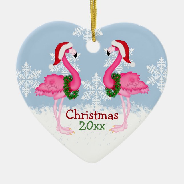 Christmas Pink Flamingo Wearing Santa Hats Ceramic Ornament (Front)