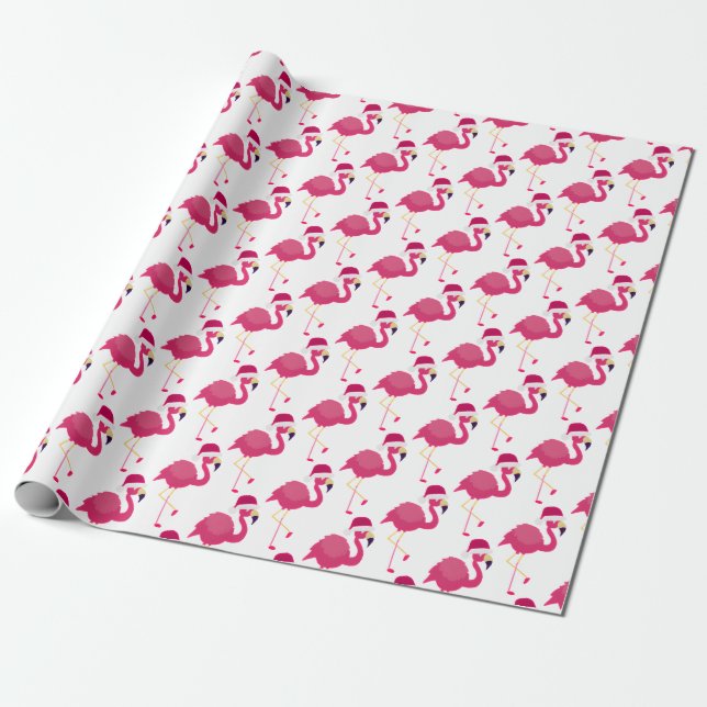 Christmas Pink Flamingo with Santa Hat Wrapping Paper (Unrolled)