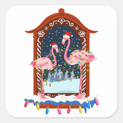 Christmas Pink Flamingos holiday Square Sticker