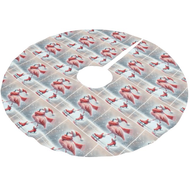 Christmas Pink Flamingos Ice Skating Brushed Polyester Tree Skirt (Angled)