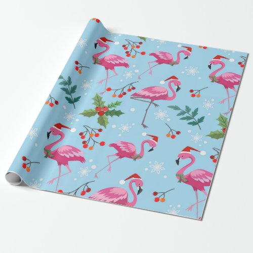Christmas Pink Flamingos Red Holly Berries Gift Wrapping Paper