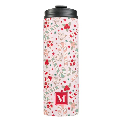 Christmas Pink Floral Holly Candy Cane Custom Thermal Tumbler