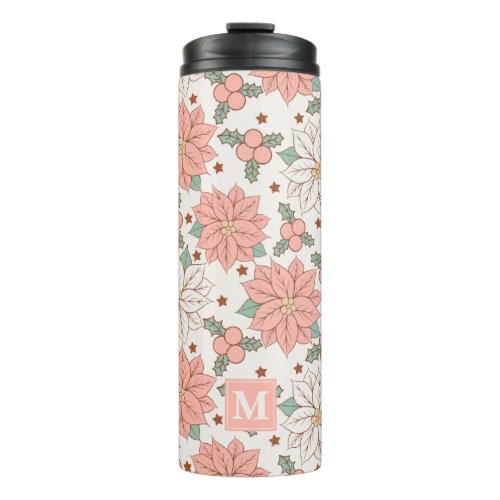 Christmas Pink Floral Poinsettia Holly Custom Thermal Tumbler