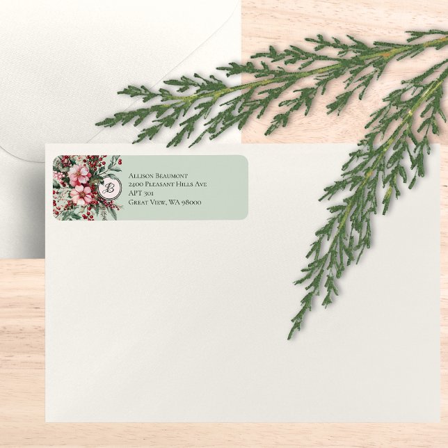 Christmas Pink Floral Spray Elegant Monogrammed Label (Pink Christmas floral spray monogrammed return address label on an envelope.)