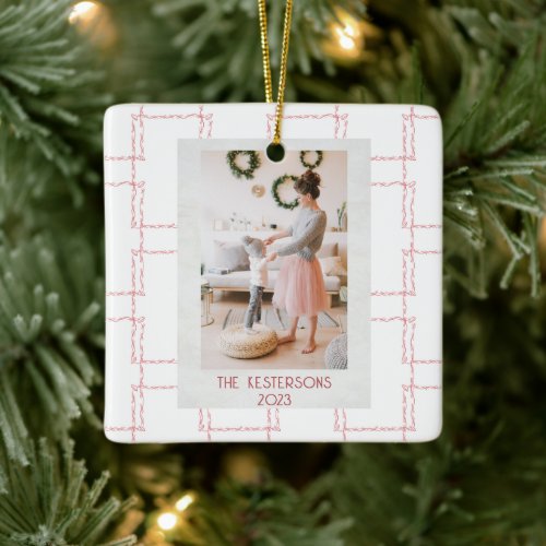 Christmas Pink Geometric Photo  Ceramic Ornament