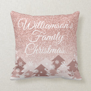 Christmas Pink Glitter Blush Pink Trees Family Throw Pillow