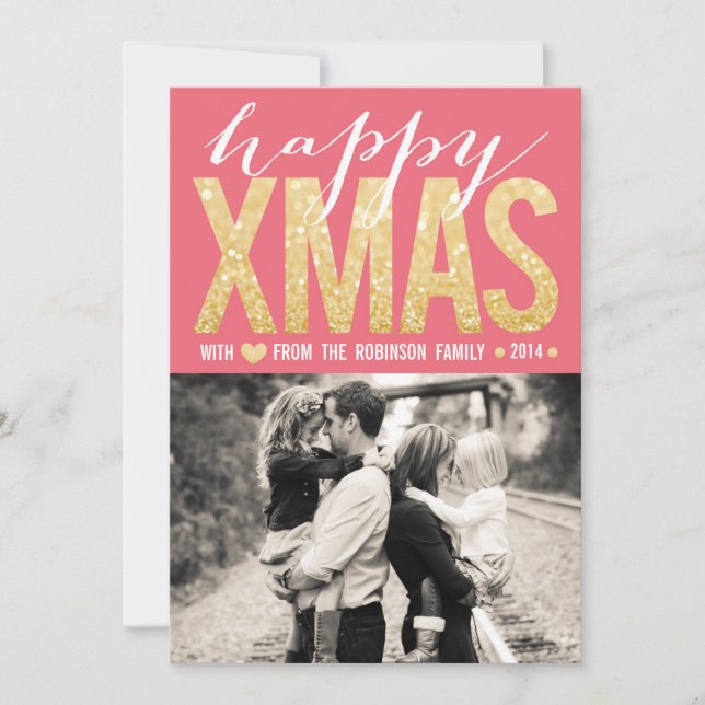 Christmas Pink Gold Glitter Photo Flat Card (Front)