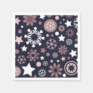 Christmas pink gold metallic snowflakes in blue napkin