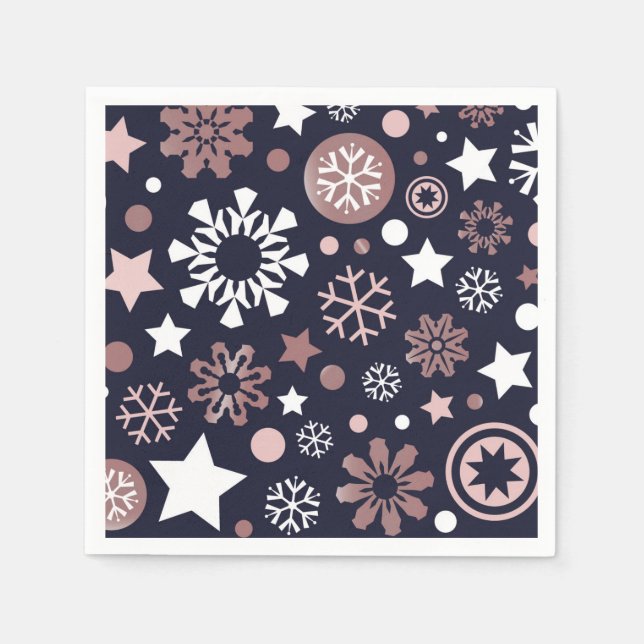 Christmas pink gold metallic snowflakes in blue napkins (Front)