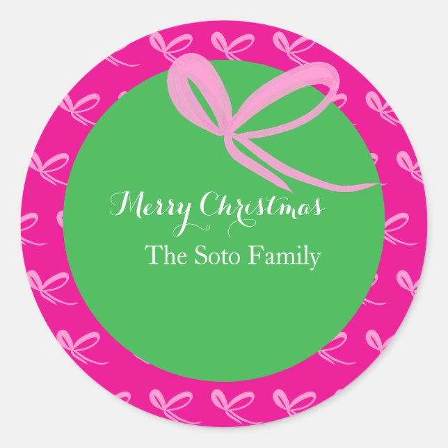 Christmas Pink Green Bright Bows Hand Drawn Classic Round Sticker (Front)