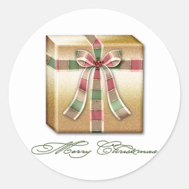 Christmas Pink Green Gold Package With Ribbons Classic Round Sticker (Front)