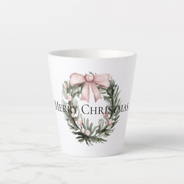 Christmas Pink Green Wreath Latte Mug (Front)