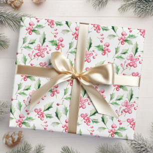 Christmas Pink Holly Berries Wrapping Paper