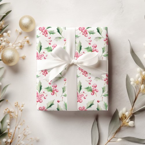 Christmas Pink Holly Berries Wrapping Paper