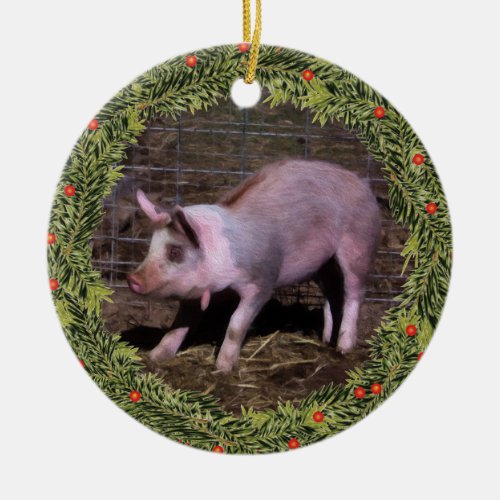 Christmas Pink Little Pig Ceramic Ornament