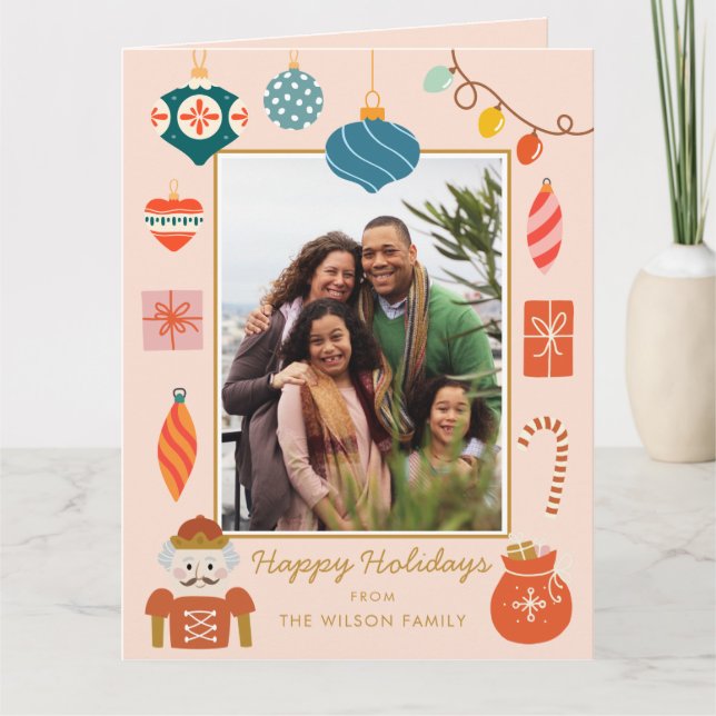 Christmas Pink Ornament Cute Family Photo Card (Front)