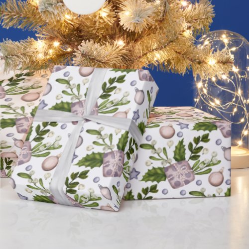 Christmas Pink Package Bauble Greenery Watercolor Wrapping Paper