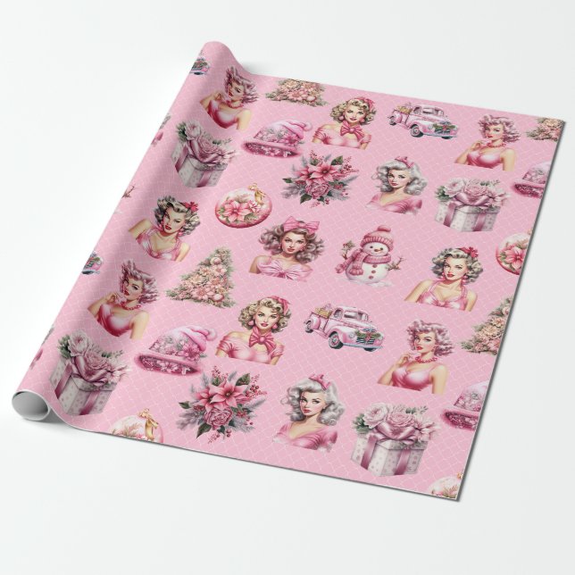 Christmas Pink Pin-Up Doll, Tree Truck Design Wrapping Paper (Unrolled)