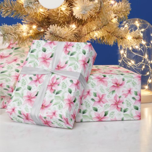 Christmas Pink Poinsettia Flowers Wrapping Paper