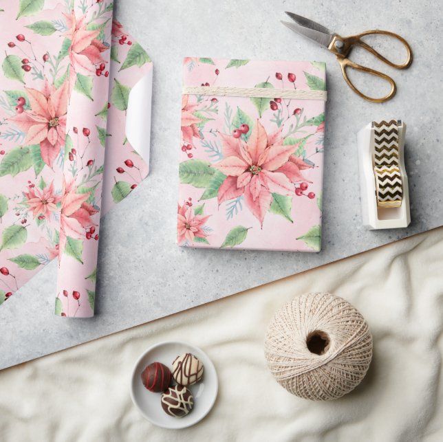 Christmas Pink Poinsettia Flowers Wrapping Paper (Crafts)