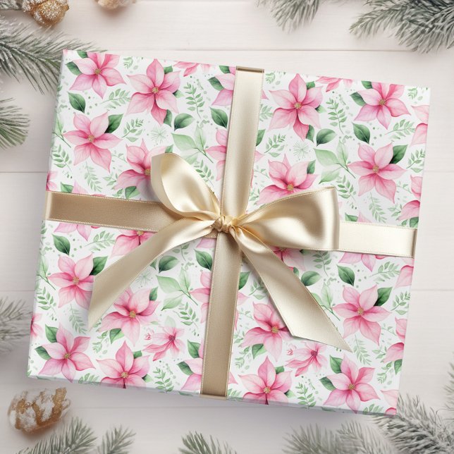 Christmas Pink Poinsettia Flowers Wrapping Paper (Creator Uploaded)