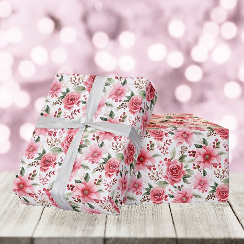 Christmas Pink Poinsettia  Pink Rose Pattern Wrapping Paper