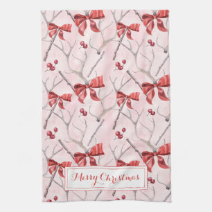 Christmas Pink Ribbons And Holly Berries Holiday K Kitchen Towel