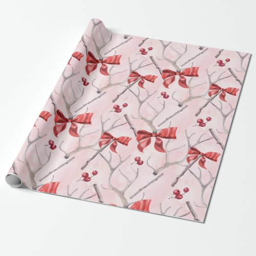 Christmas Pink Ribbons Holly Pattern Wrapping Paper