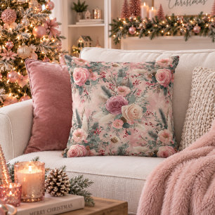 Christmas Pink Rose Floral Throw Pillow