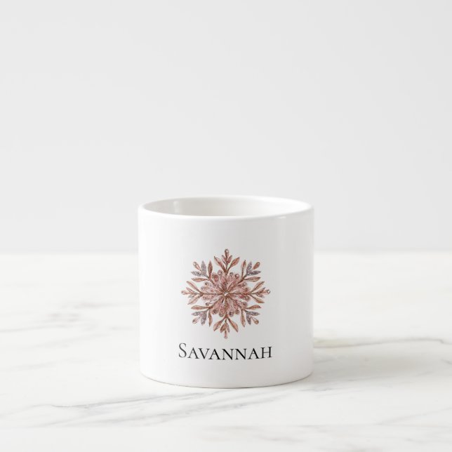 Christmas Pink Rose Gold Snowflake Name Espresso Cup (Front)