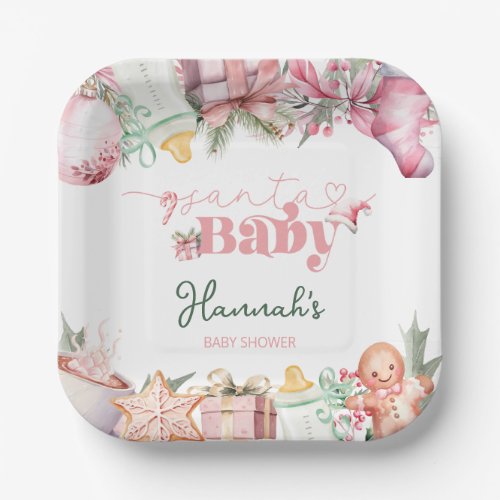 Christmas Pink Santa Baby Shower Paper Plates