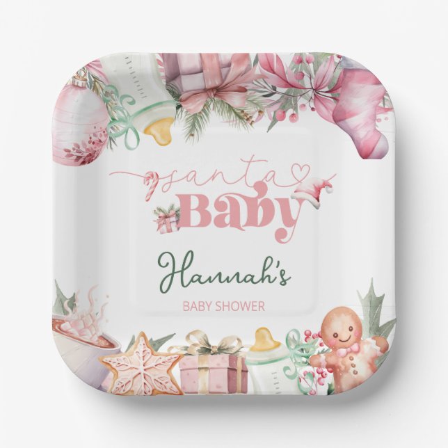 Christmas Pink Santa Baby Shower Paper Plates (Front)