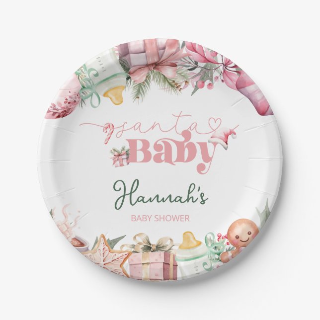 Christmas Pink Santa Baby Shower Paper Plates (Front)